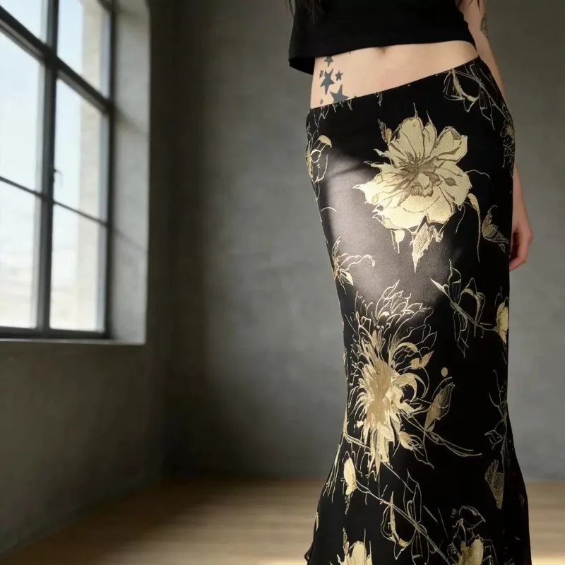2026 New Y2K Niche Designer Vintage Mori Floral Print Double Layer Mesh Slim Fit Bodycon A Line Maxi Skirt Gothic Streetwear