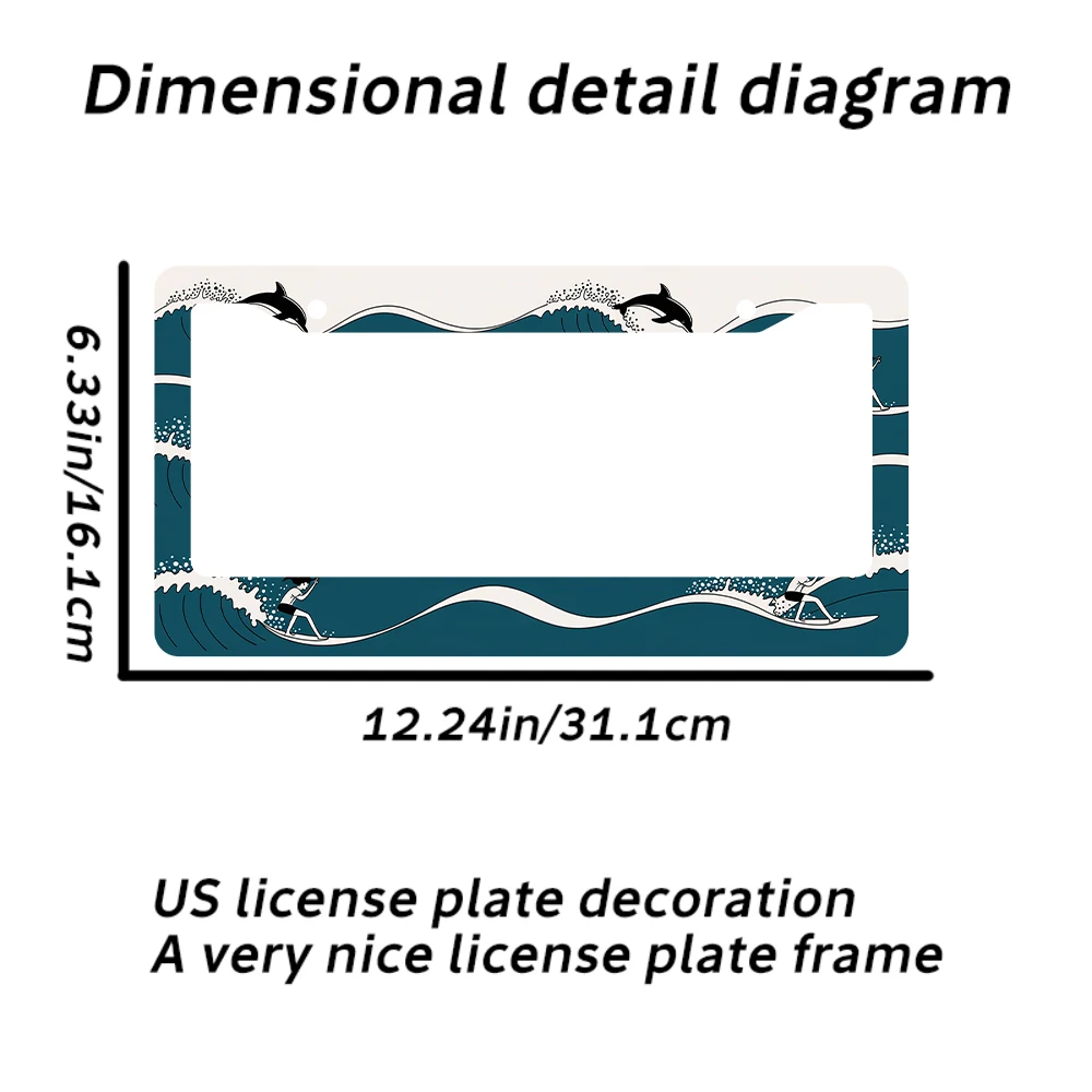 1pc azul surf golfinhos padrão 2 furos quadro da placa de licença, material de alumínio, 6x12 polegadas com kit de parafusos, carro retro novidade