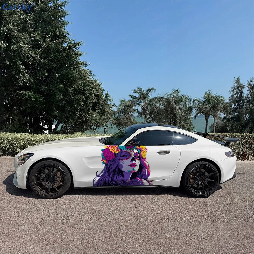 2pcs Day of the Dead Makeup Lady Car Side Wraps, Self-Adhesive PVC Waterproof & Scratch-Resistant Stickers, Car Accessory Gift
