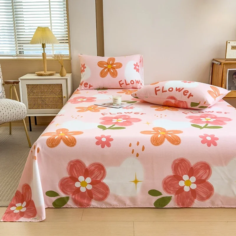 Pink Flowers Bed Sheet Set High Quality Cotton Soft Flat Sheet with Pillowcases Colorful Bright Vibrant Queen Size Bedding Set