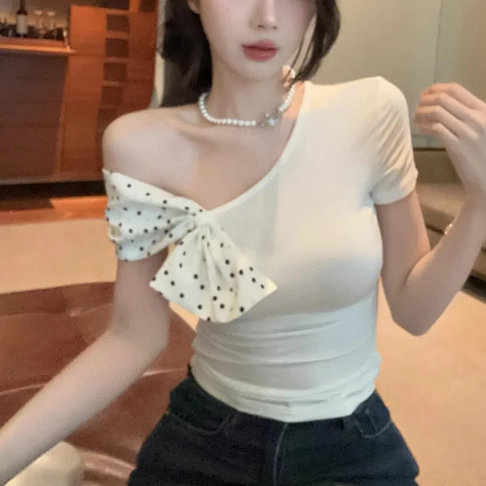 

Daily Wear Vacation Outfit Polka Dot Top Polka Dot Summer Top Bow T Shirt Bow Slim T Shirt Daily Casual Top Hot Girl Fashion