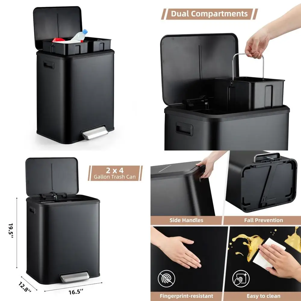 

Stainless Steel Dual-Bin Trash Can with 4 Gallon Capacity and Recycling Bin, featuring Soft-Close Lid and Step-On Operation