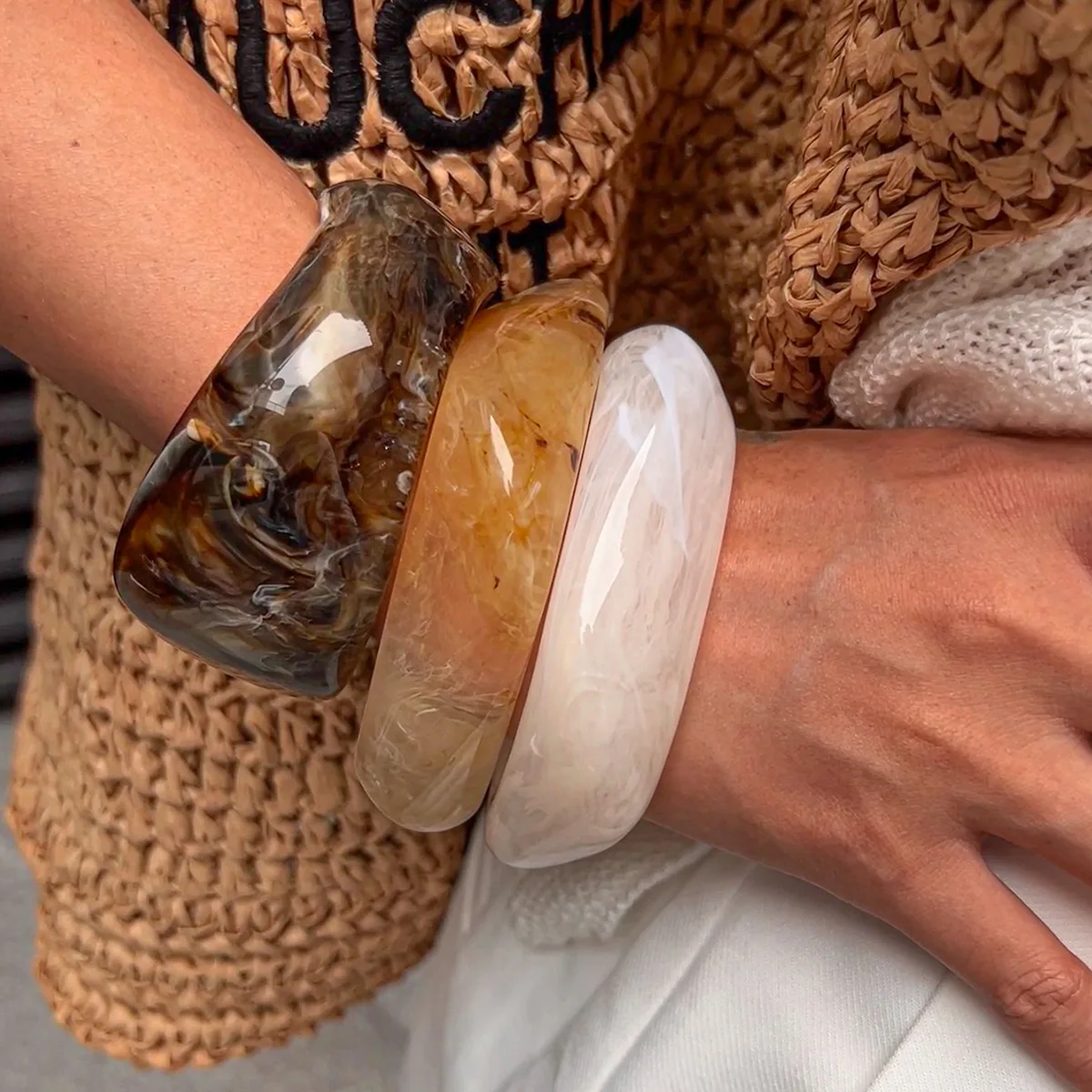 Retro Trendy Stained Marble Bracelet Women Polygonal Semi-Transparent Multi-color Exaggerated Resin Bracelet Bracelets Female