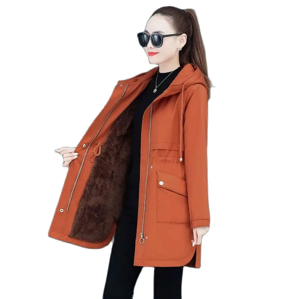 

2024 New Autumn And Winter Fleece Temperament Long Trench Coat Female Korean Fashion Slim Joker Hooded Coat Female Tide.