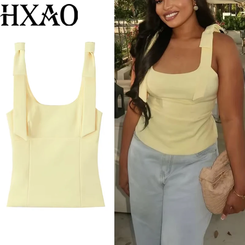 HXAO Yellow Crop Top Women Summer Sleeveelss Butterfly Top Woman Cuteore Bow White Camisole Top Backless Women's Tanks Top 088