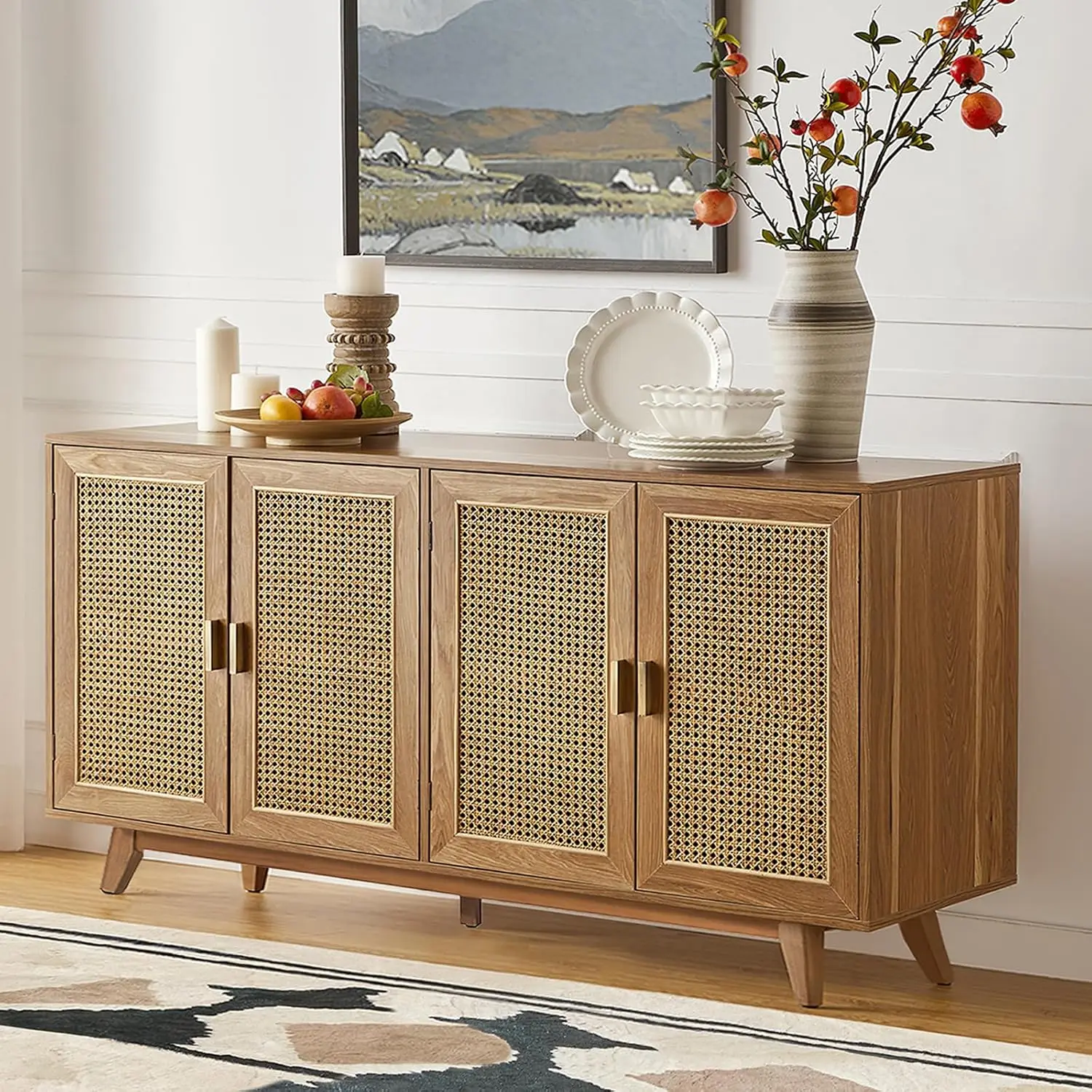 HULALA HOME Rattan Sideboard Buffet Cabinet, Kitchen Storage Cabinet with 4 Doors Boho Cupboard Console Table, Walunt