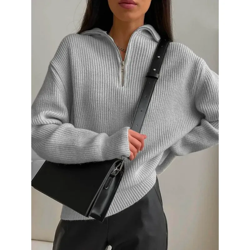 

Moda mujer cuello alto cremalleras sólido suelto mujeres suéteres pulóver manga larga Casual suéter de punto mujer invierno 2024