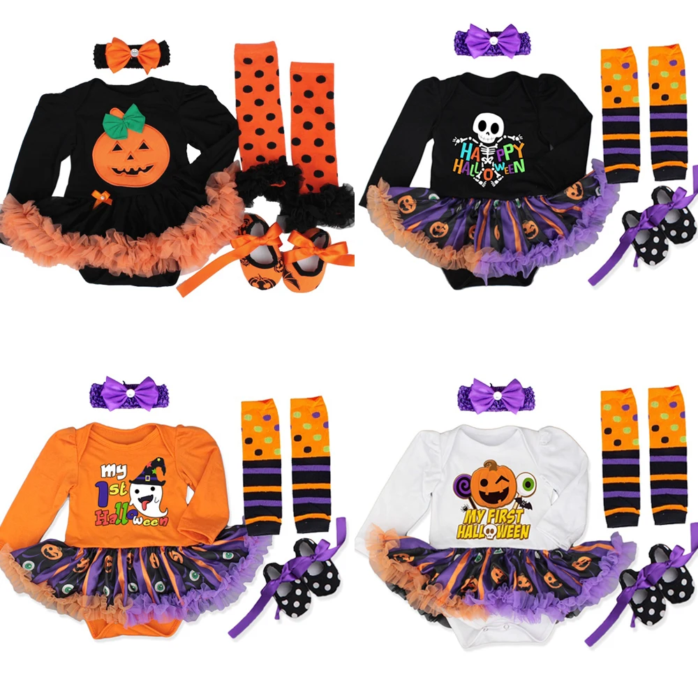 

Halloween Dress Baby Girl Clothing Sets Pumpkin Romper Dress Tutu Newborn Jumpsuit Bebes 4pcs Suit Bebe Infant Festival Costumes