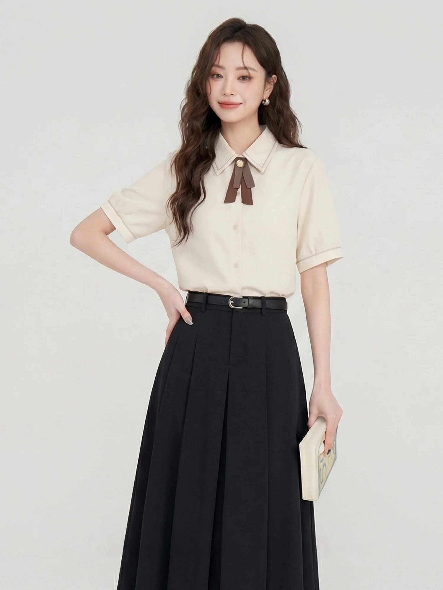 

Women's College Style Shirt And Skirt Set with Bow Tie Summer Commute Interview Clothing Breathable Medium Thickness Casual W...
