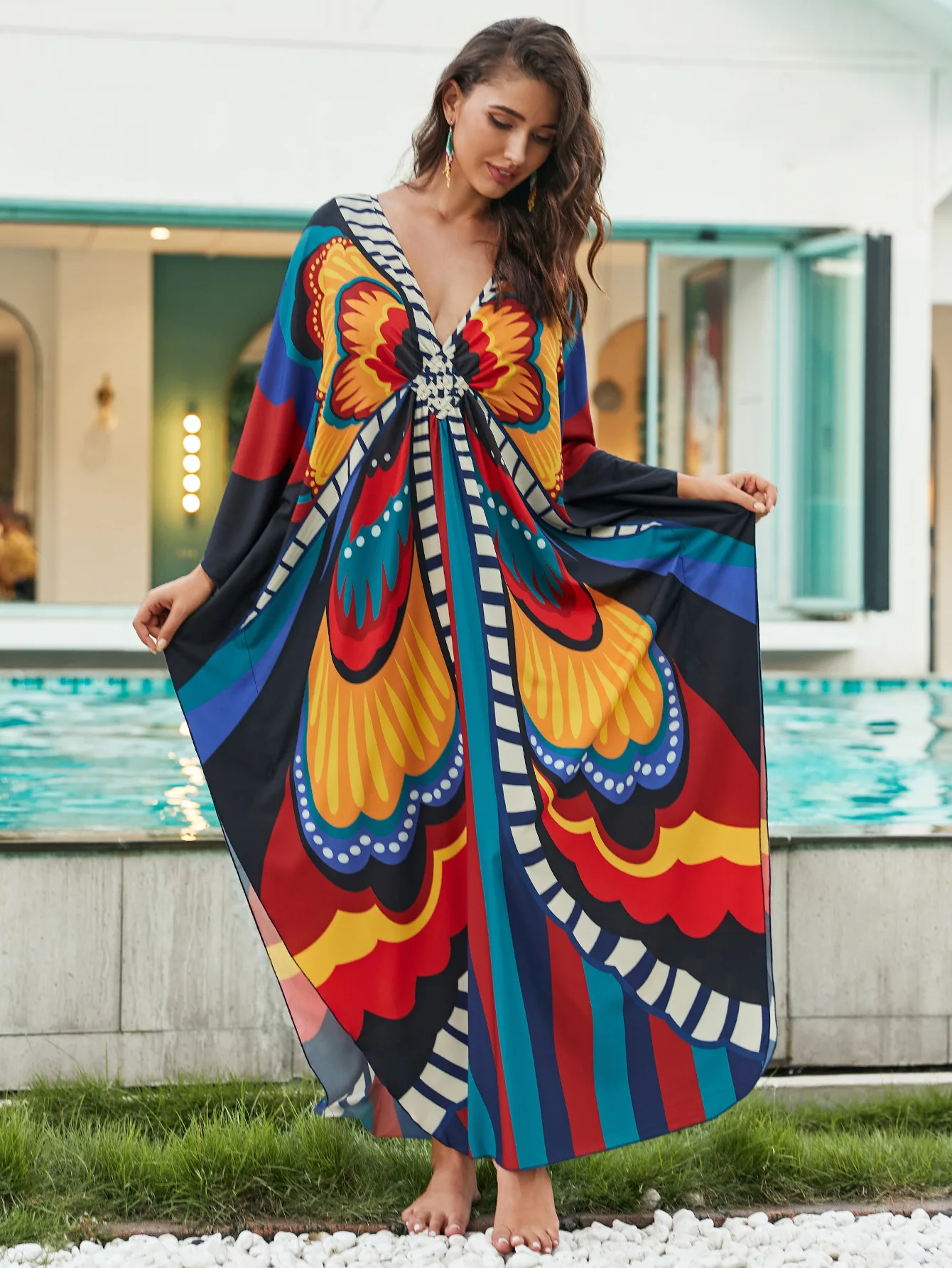 Plus rozmiar sukienki Kaftan dla kobiet drukuj bikini na plażę strój kąpielowy kaftan mumu sukienka Batwing rękaw Cover Up