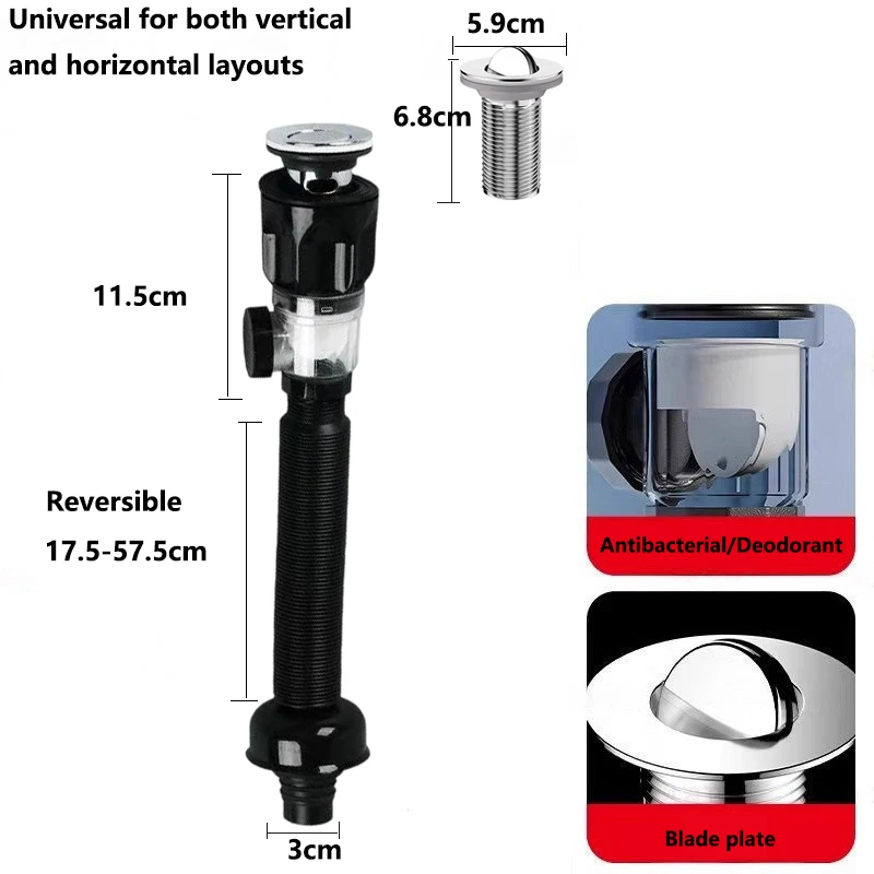 Anti-odor kit for sink drain, sink drain pipe for wall and floor drainage, bathroom sink flip plate seal