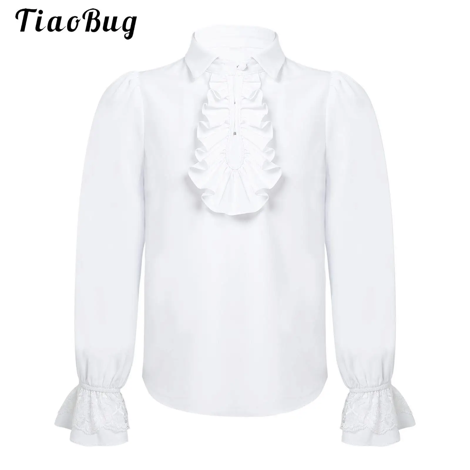 

Kids Boys Retro Renaissance Steampunk Victorian Long Sleeve Medieval Pirate Ruffled Frilly Shirt Tops Halloween Cosplay Costume