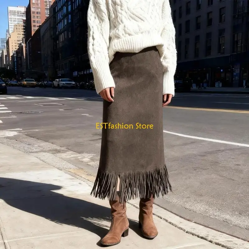 Y5GC Stylish Women's High Waist Skirt Fringe Embellished Belows Knee Length Comfortable and Stylish Dress for Fall Winter