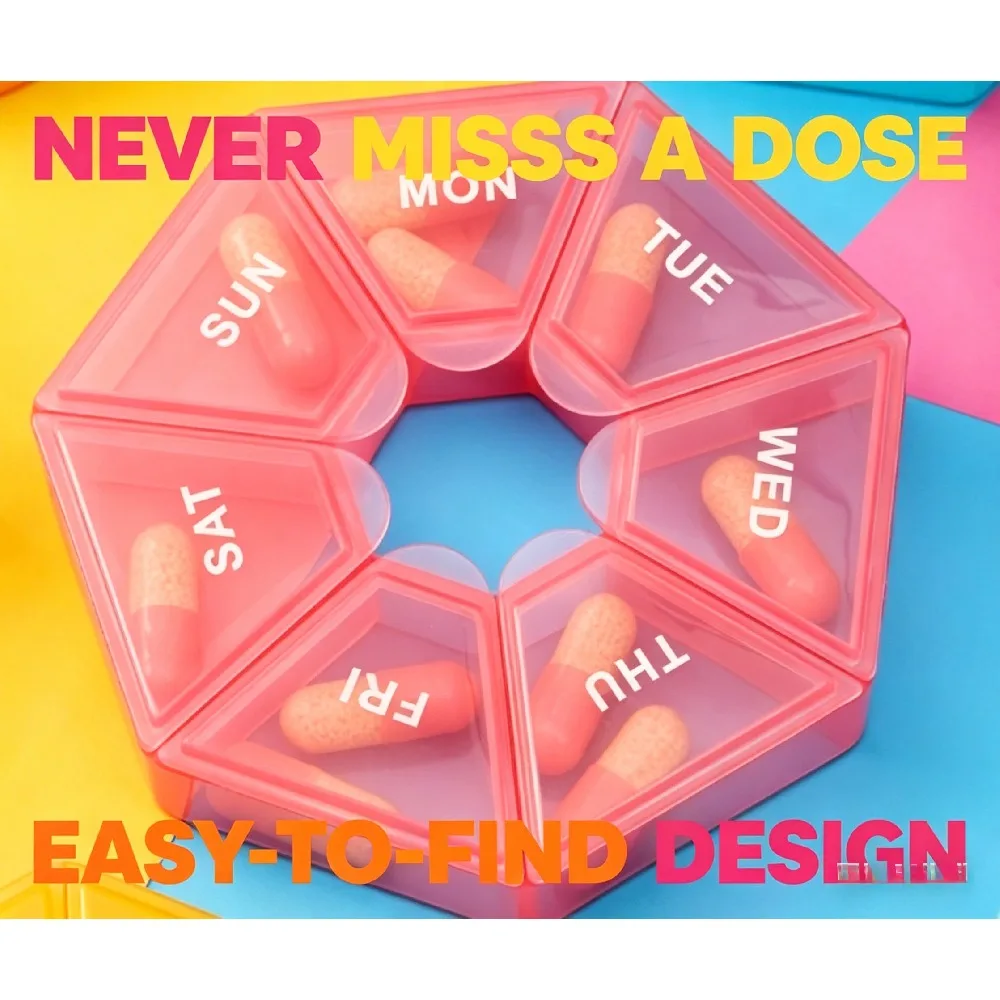 Portable 7 Day Weekly Pill Organizer, Pink Travel Pill Box, Compact Daily Medicine Container for Vitamins, Capsules & Supplements, 1 Pack