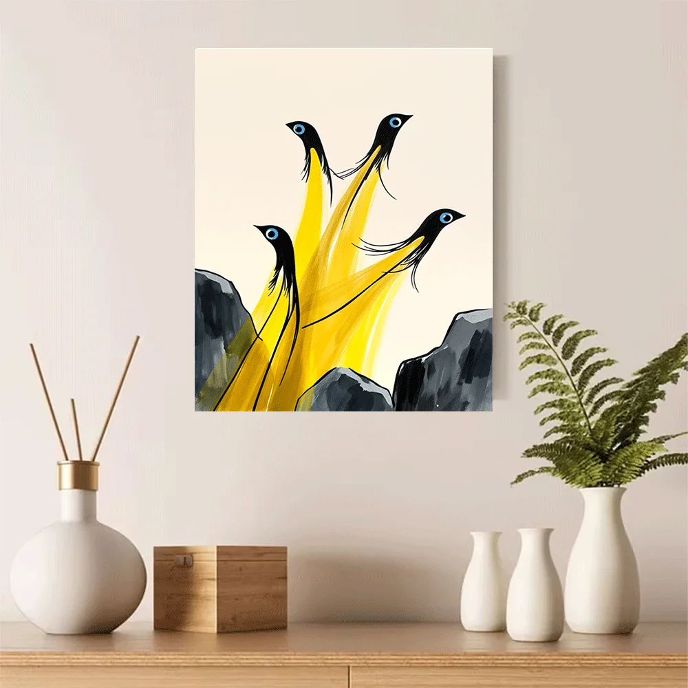 1PC-Unframed Canvas poster wall decoration  Abstract Birds Yellow Flowing Tails Art Print