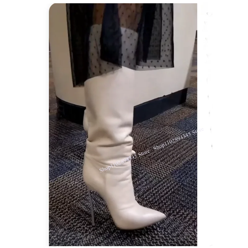 

White Matte Leather Knee High Boots Pointed Toe Thin High Heel Fashionable Sexy Novel Style Winter Woman Shoes Zapatillas Mujer