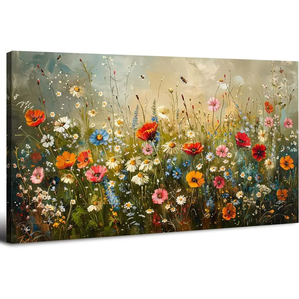 

Country Wildflowers Canvas Wall Art - Botanical Garden Print for Home Decor, 30x57.8