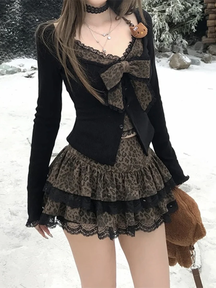 plus Size Women's Leopard Print Knitwear Lace Top Cake Skirt Three Piece Set Autumn Winter Fashion Outfit High Waist Short Skirt