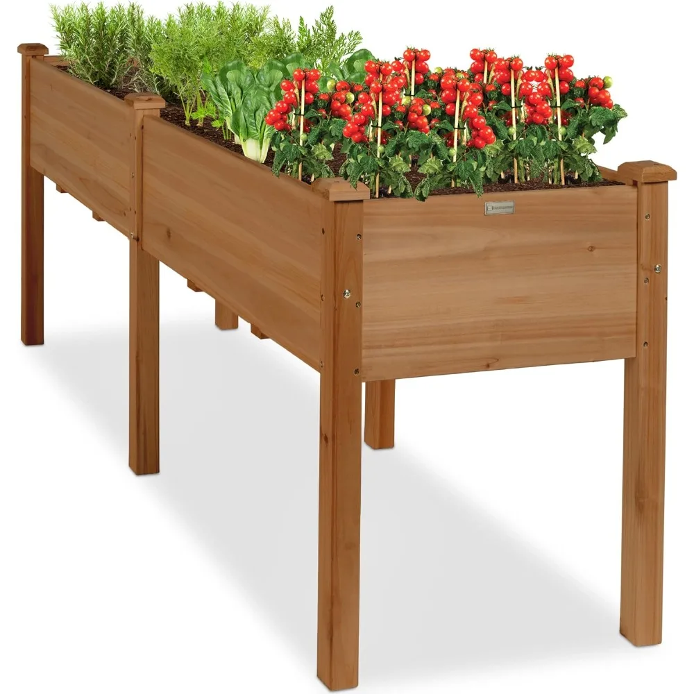 

72x24x30 Inch Raised Planter, Elevated Wood Planter Box Stand with Dividers, 6 Legs, 300 Lb Capacity, Acorn Brown