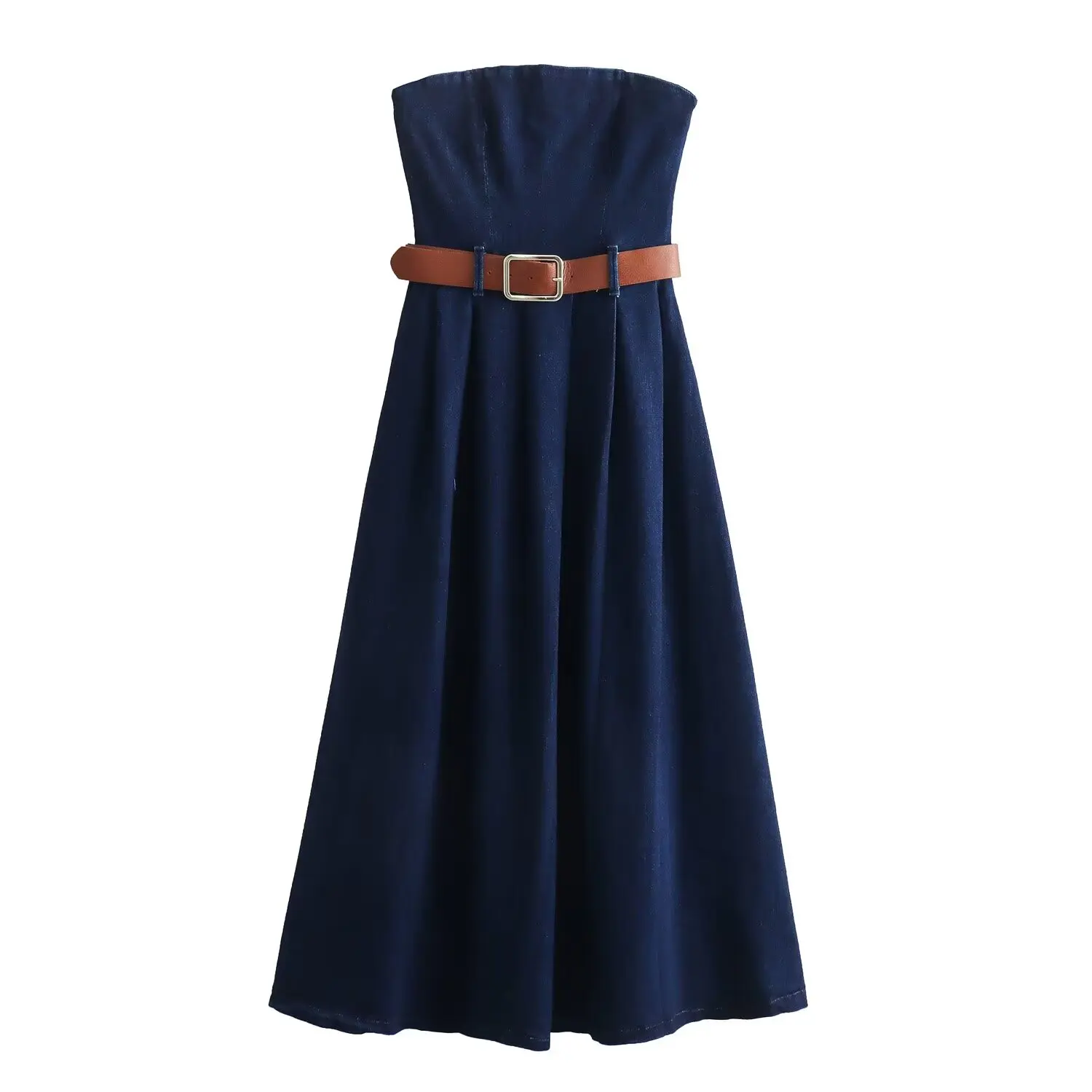 Tangada 2024 New Women Denim Dress With Belt Strapless Ladies Long Dresses 6X0128