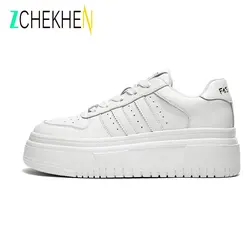 Women Split Leather Patchwork Shoes Casual Platform Shoes Woman Chunky Sneakers Ladies Sports White Tenis Feminino  Spring