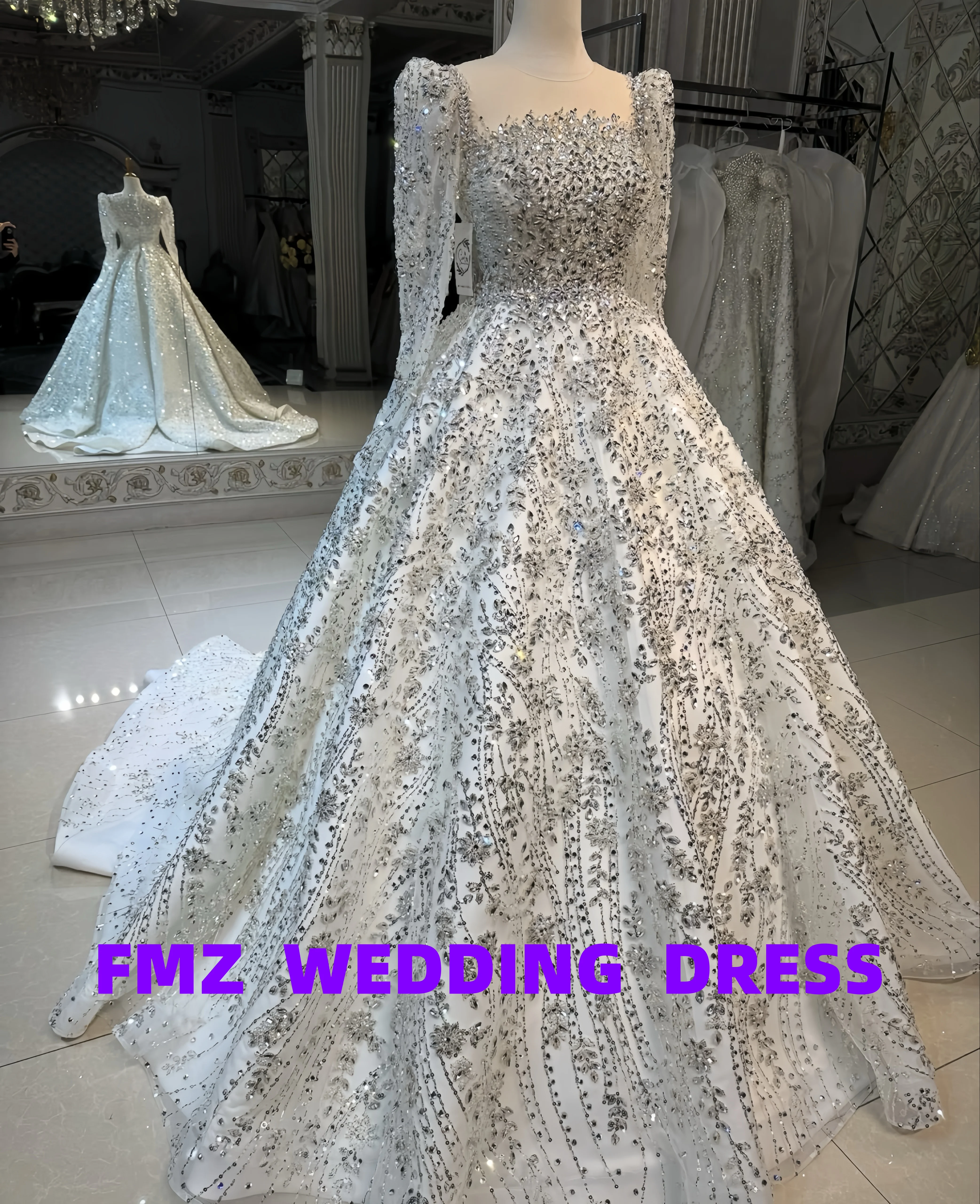 Бальное платье с квадратным воротником и длинными рукавами по индивидуальному заказу, роскошное свадебное платье из бисера, свадебное платье, платье для женщин, robe de mariee