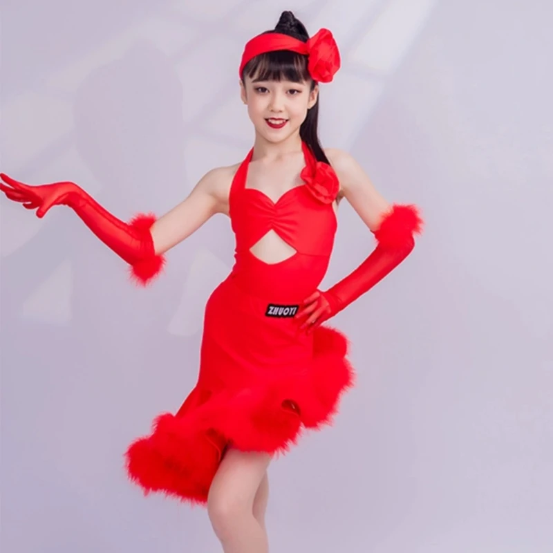 Children'S Performance Dancing Wear Girls Latin Dance Competition Dress Red Cutout Party Dresses Chacha Samba Dance Wear SL9693