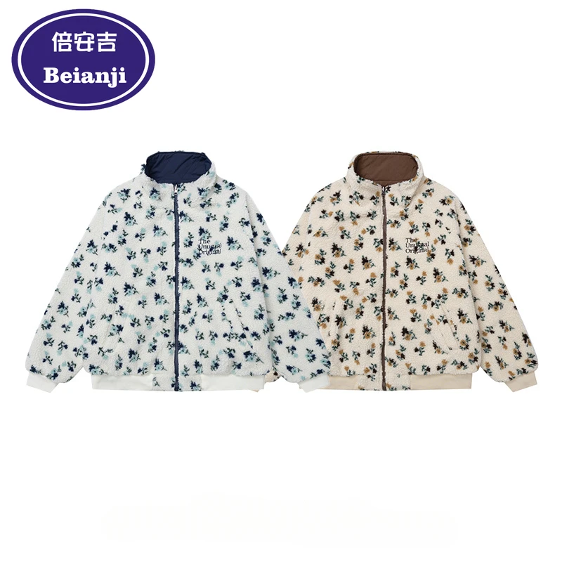 Beianji mens coats winter vintage floral stand collar zipper lamb wool men street loose thick couple padded jacket winter blends