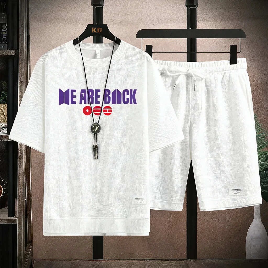 

Men's Waffle Tracksuit "WE ARE BACK" Graphic T-Shirt And Drawstring Shorts Casual Summer Outfit 2026