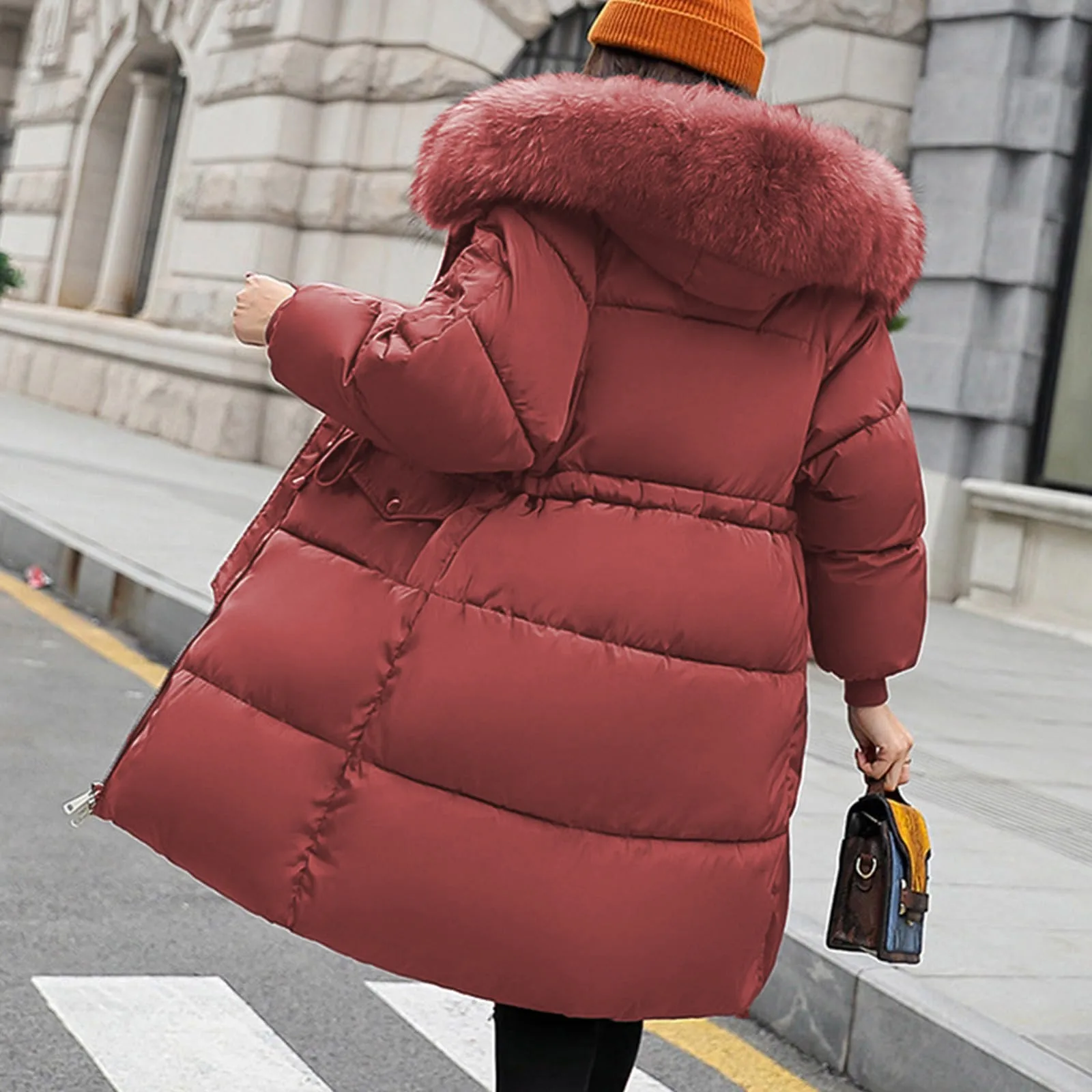 Down Jackets Women\'s Fluffy Hooded Neck Long Loose Parkas Coats Zip-Up High Quality Outdoor Thicken Female Warm Thermal Outwear