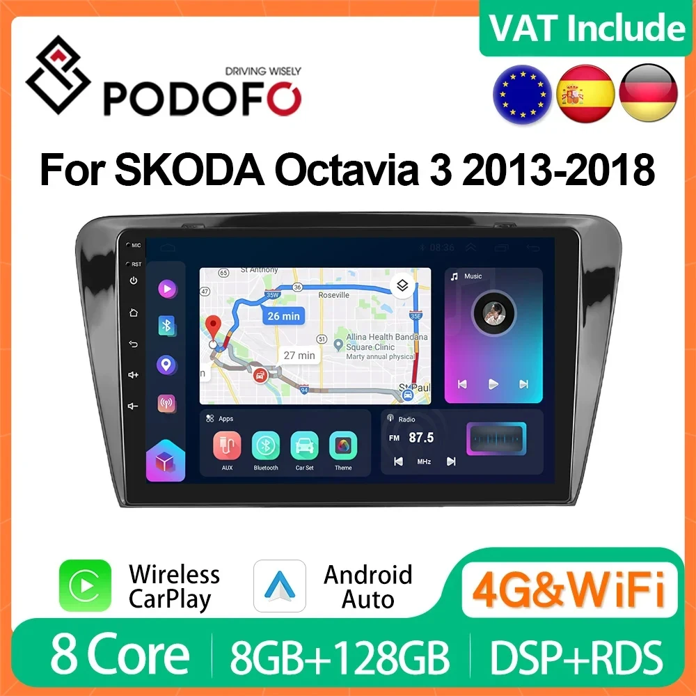 Podofo 4G CarPlay Android Auto Car Radio For Skoda Octavia 3 3013-2018 Multimedia Player 2din GPS Stereo Head Unit IPS Autoradio