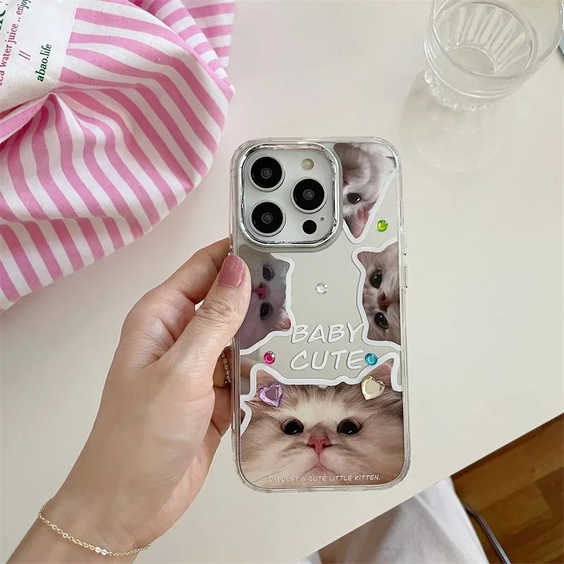 Coque de téléphone avec miroir chat Peering, coque arrière chic, coréen, INS, mignon, iPhone 14, 13 Pro Max, 12, 11 Pro Max, Capa XS Poly, 7, 8 Plus