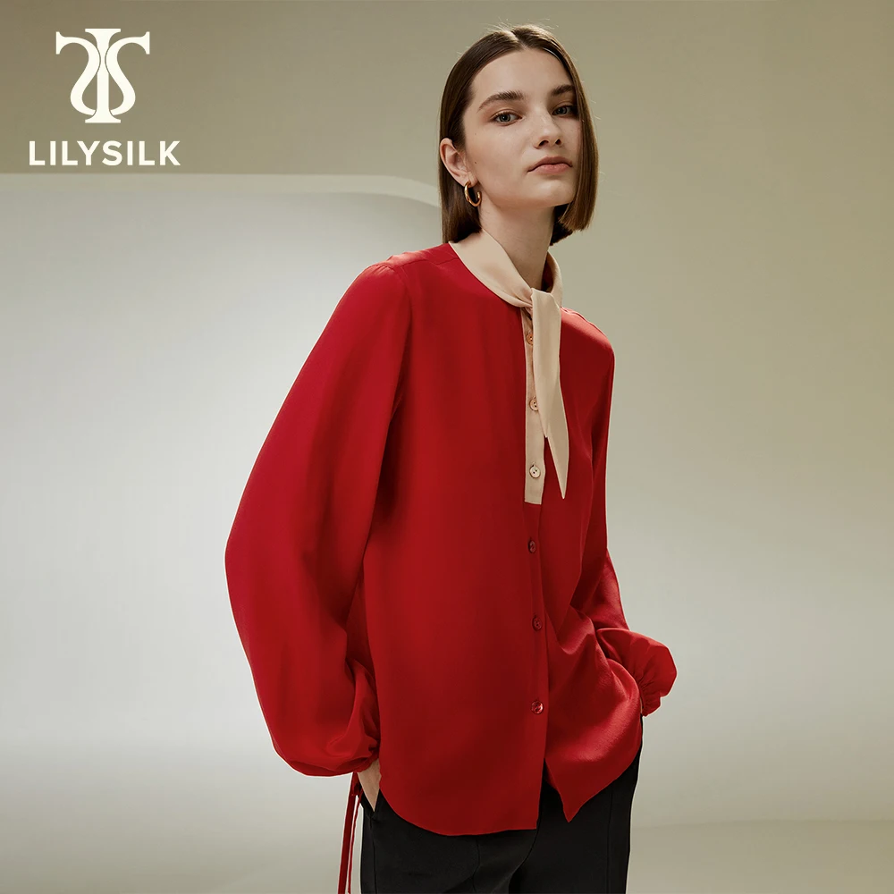 

LILYSILK Silk Patchwork Blouse for Women 2023 Drawstring Sleeves Tied Neck Button Front Top Elegant Clothing Free Shipping