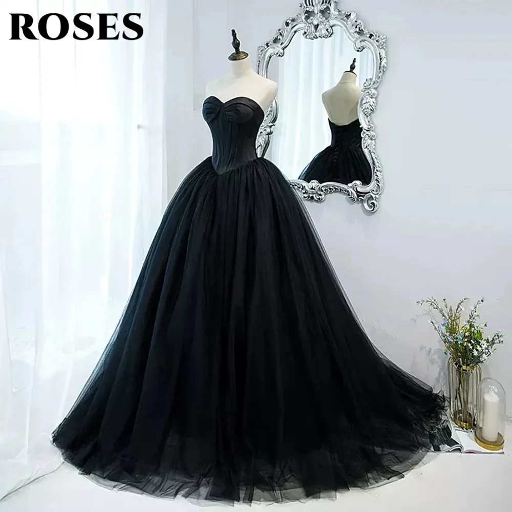 

ROSES Black Elegant Prom Dress for Woman Sweetheart Tulle Long Party Dresses Sexy Sleeveless Formal Gown robe de soirée femme