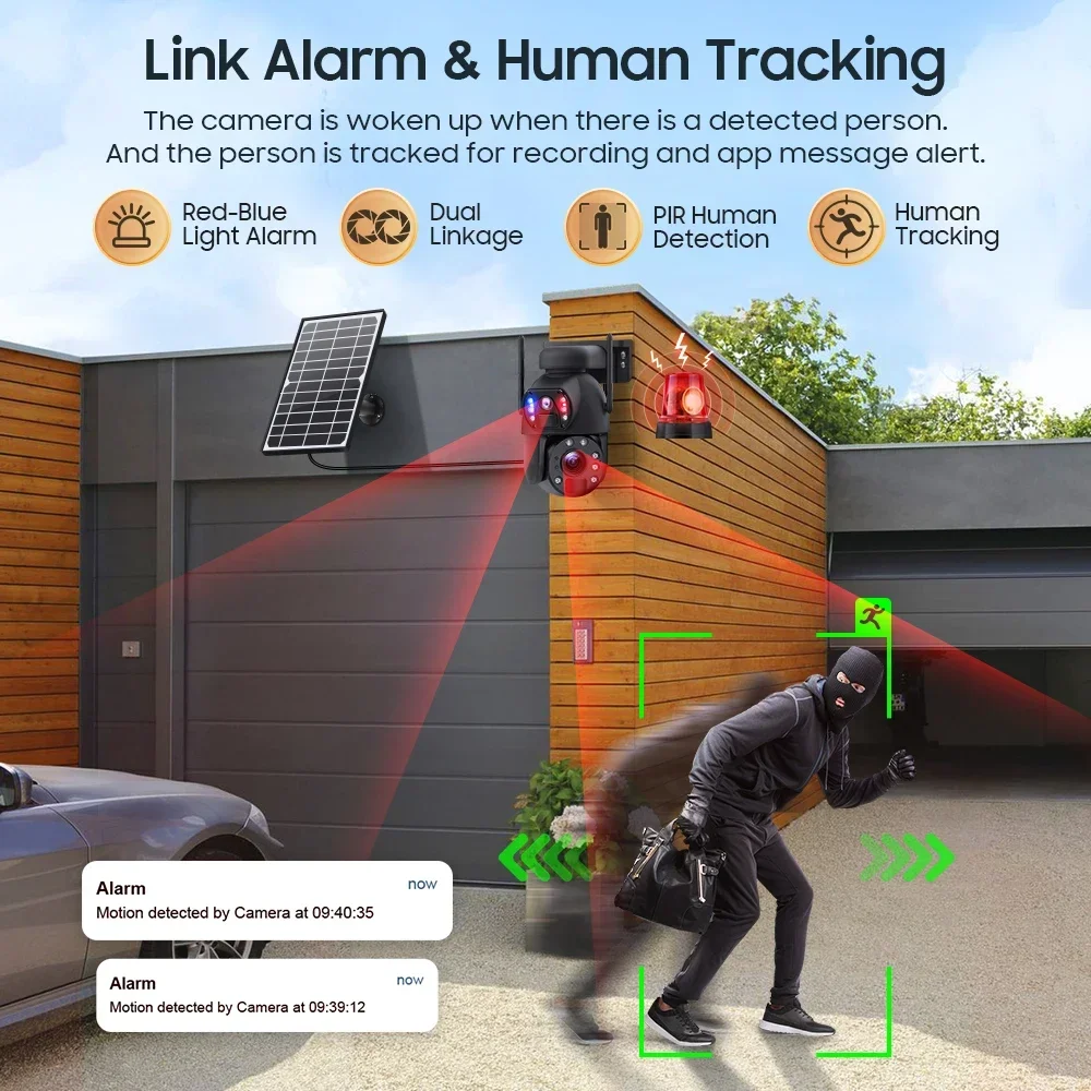 Imagem -05 - Câmera de Segurança com Painel de Bateria Solar Lente Dupla Câmera Solar Wifi Gravação de Áudio Bidirecional Rastreamento Automático Pir 4k 8mp 20x Ptz Zoom 10w