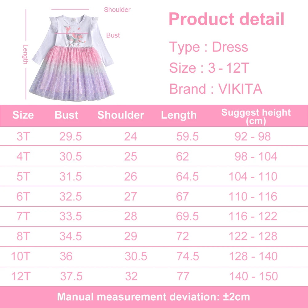 VIKITA Girls Mermaid Cartoon Print Dress Kids Autumn Spring Flare Sleeve Dresses Girls Patchwork Casual Princess Dresses 3-8 Yrs