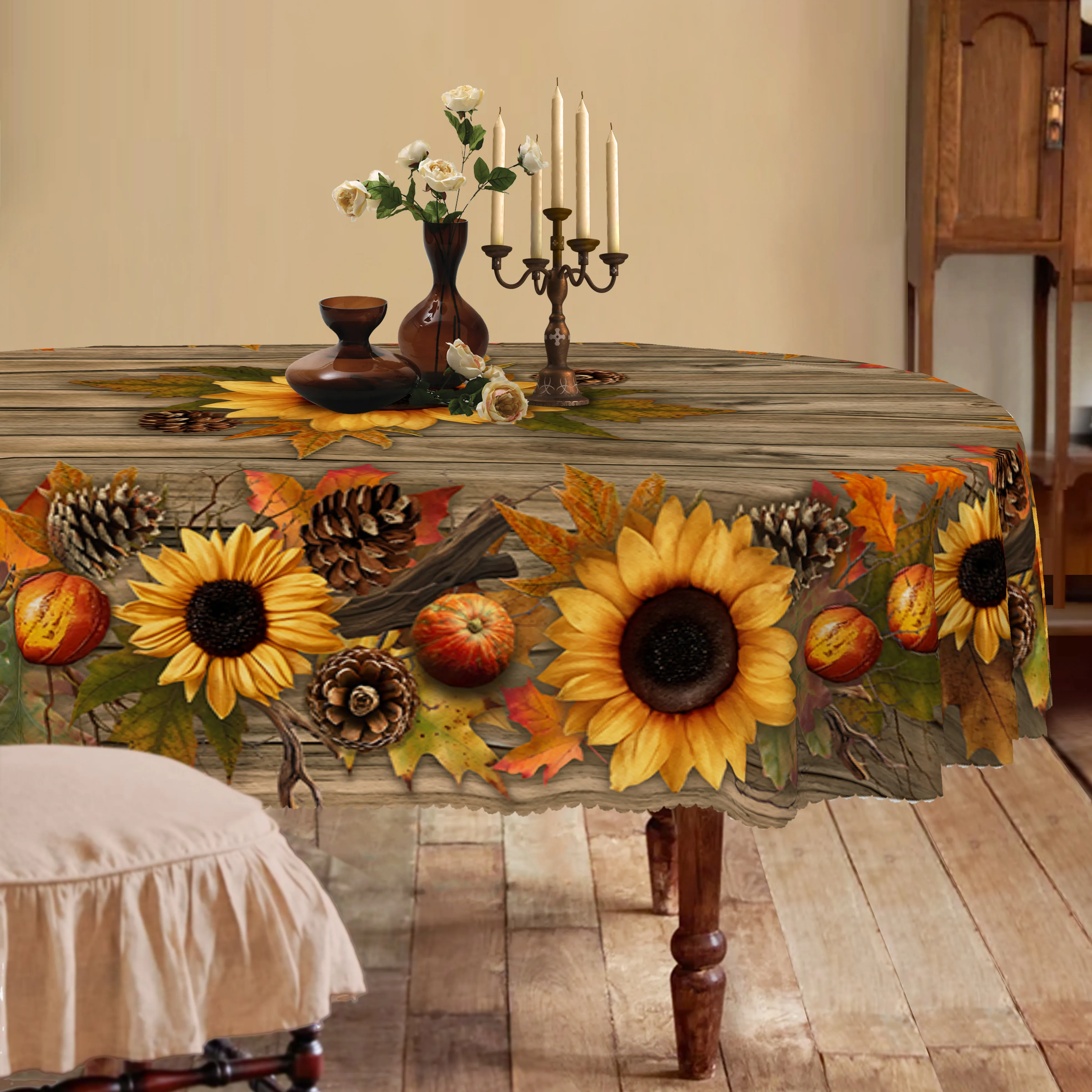 Autumn floral tablecloth, featuring a retro sunflower and pinecone pattern design.ZYC