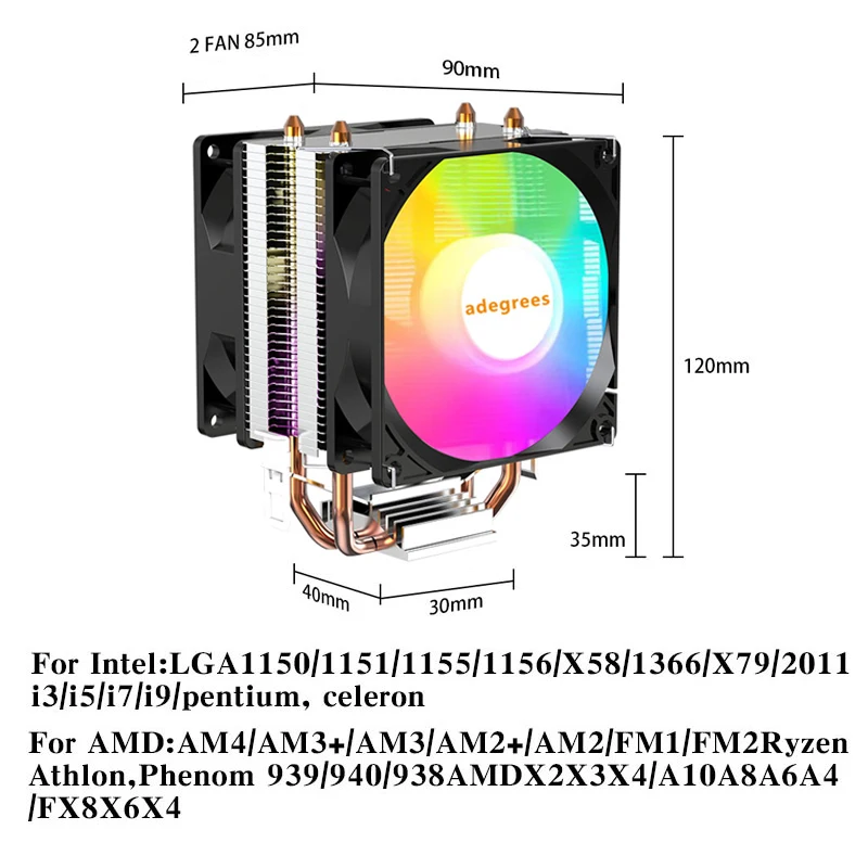 4 Heatpipes Processor Cooler 4PIN PWM RGB Cpu Tower Fan for Intel LGA 2011 1366 X79 X99 1700 1200 1150 AMD AM4 AM2 AM3 AM5