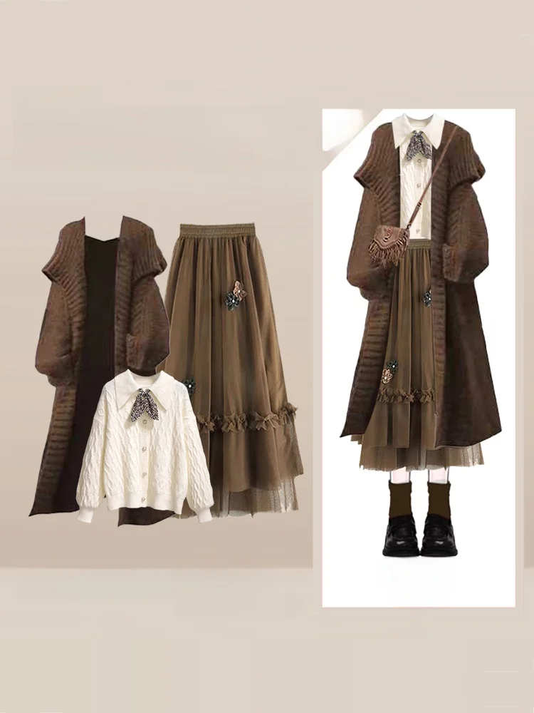 

Ретро-комплект из вязаного кардигана и юбки: модный зимний наряд, женский повседневный комплект с длинным рукавом