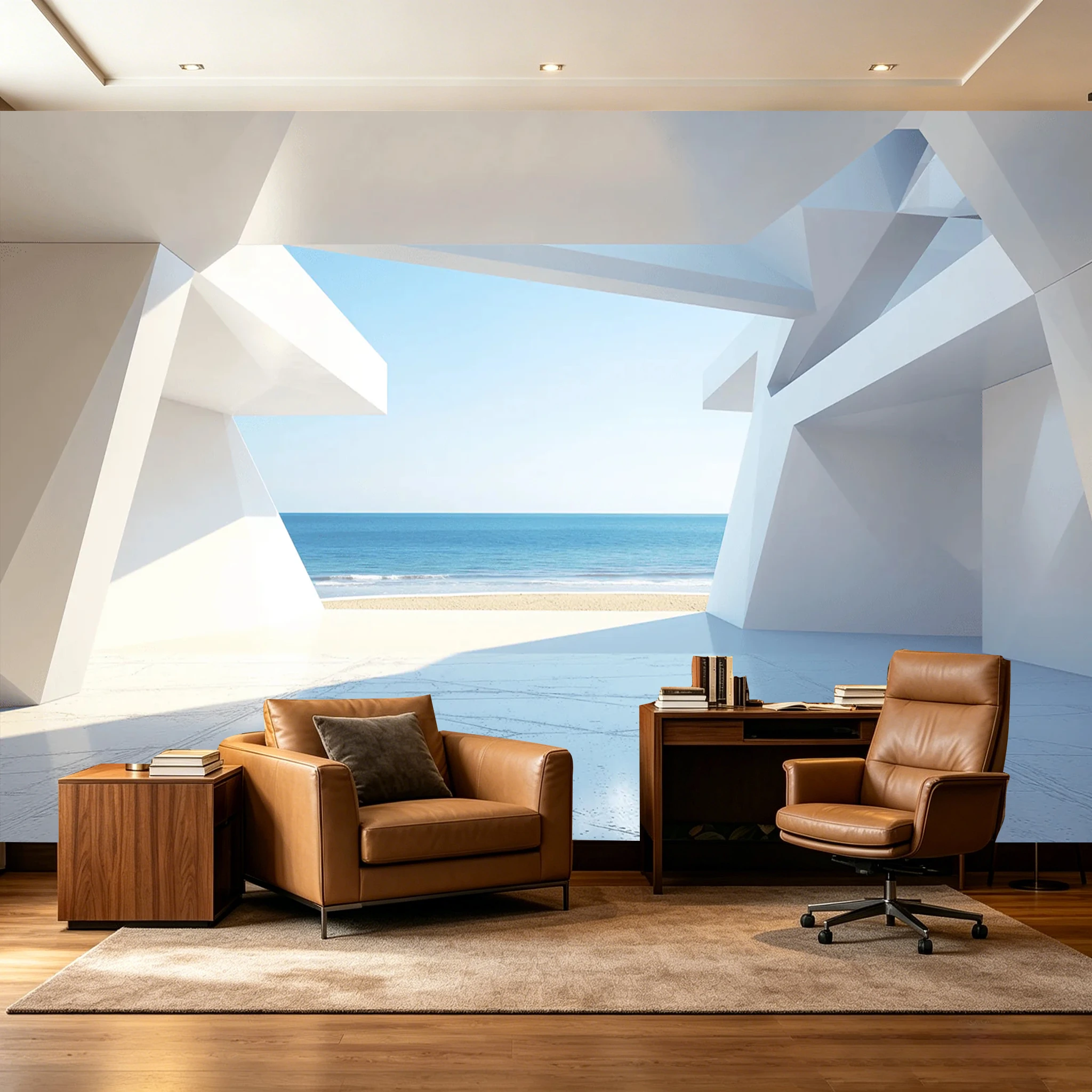 Custom Size 3D Geometric White Architecture Sea View Wallpaper Mural Modern Abstract Beach Ocean Landscape Wall Covering Decor
