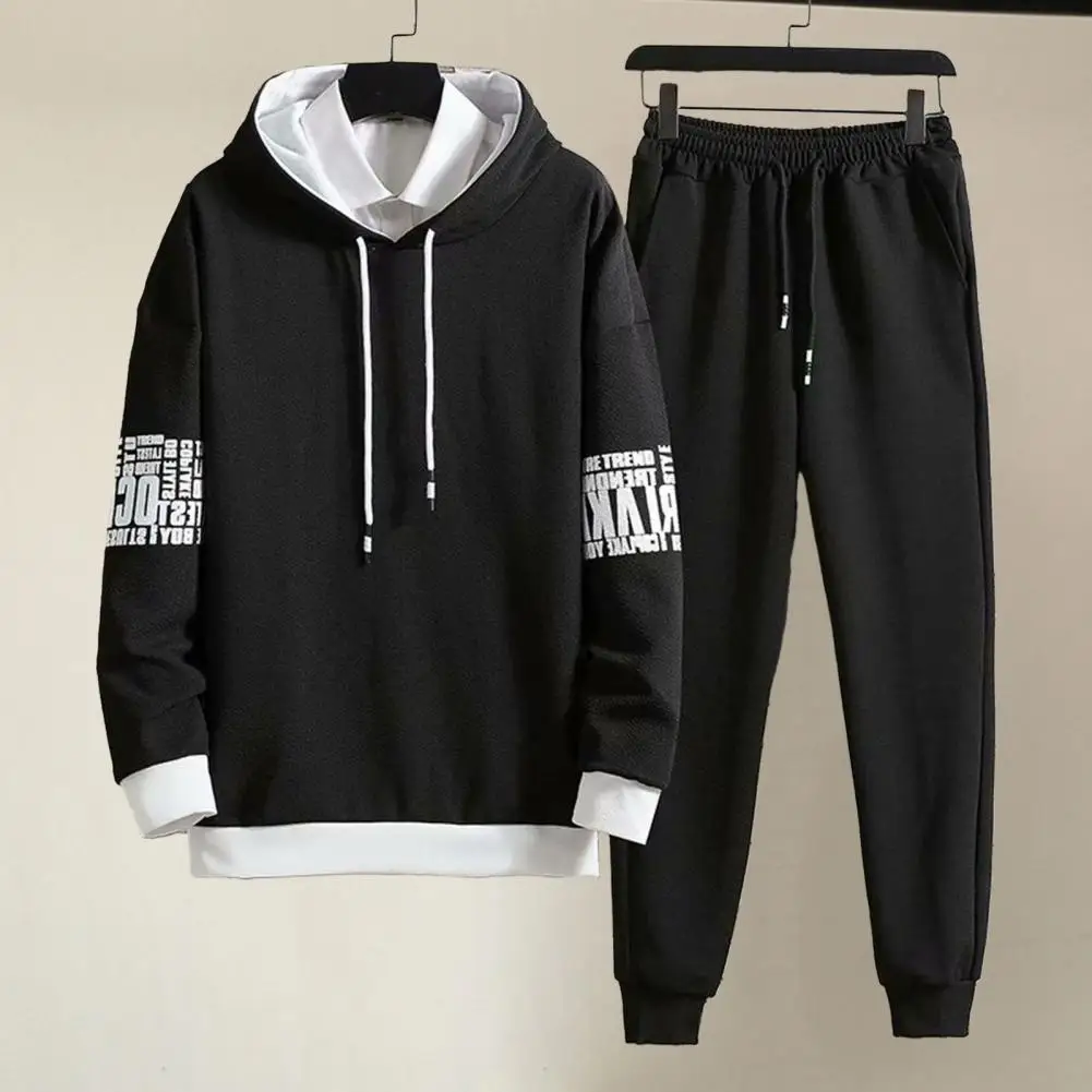 Street Style Sweatshirt Pants Set Men's Color Block Hooded Sweatshirt Jogger Pants Set with Drawstring Pockets Casual for Active