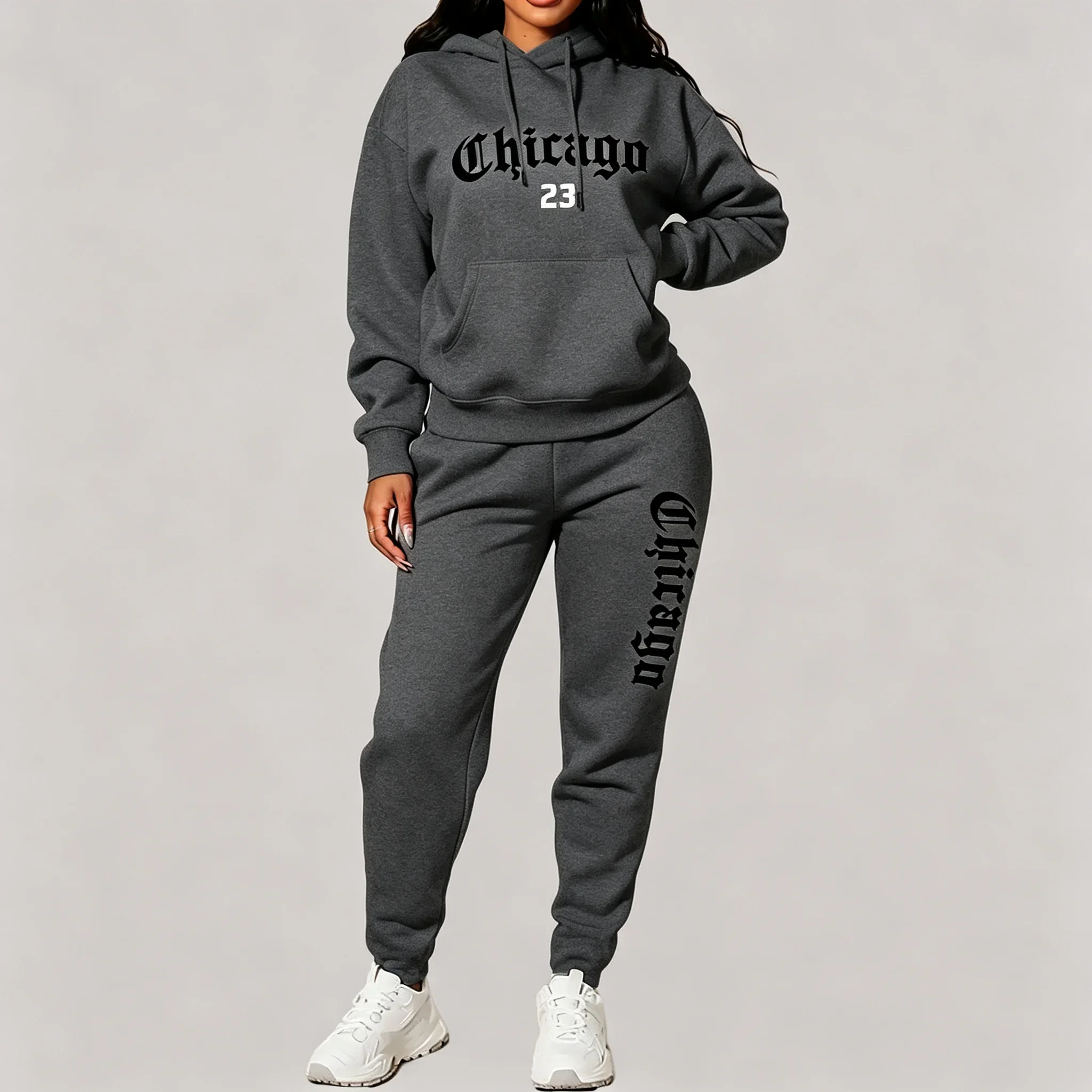 Women's Sets Hoodies Pants 2 Piece Outfits Aesthetic Sportswear Sweatsuit Chicago Graphic Letter Print Plus Size Pink Tracksuit view 2