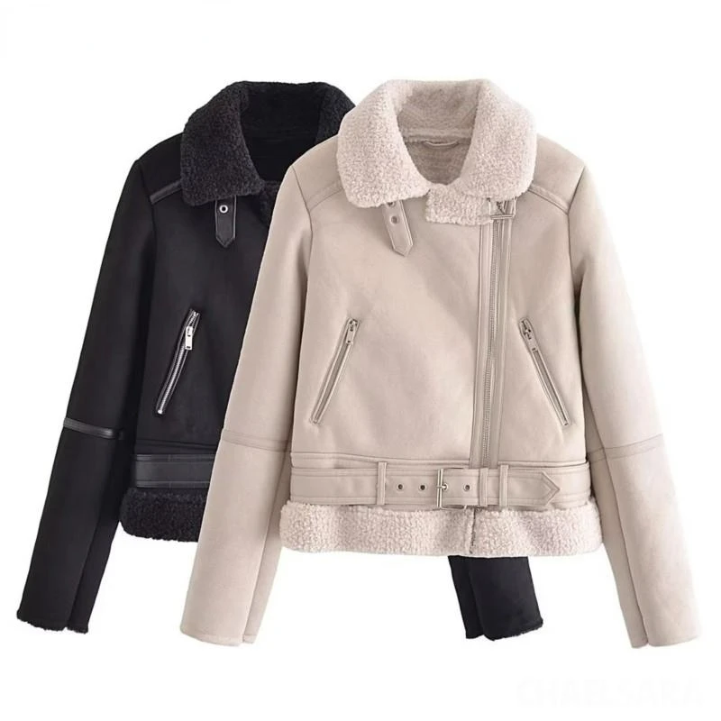 2023 Winter Women with Belt Warm Lambwool Jacket Coats Vintage All-Match Motorcycle Outwear Female