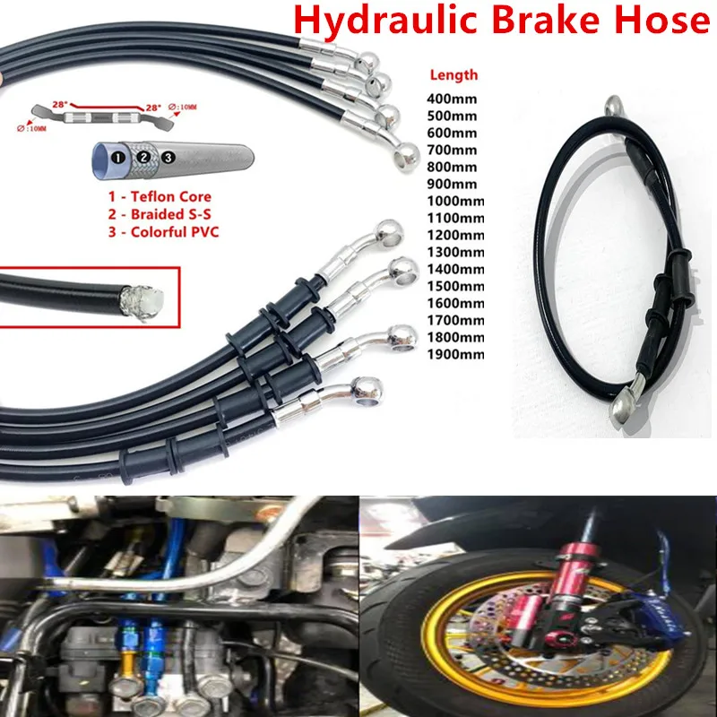 HQ Motorcycle Hydraulic Brake Hose Lengh 400mm-1500mm  Universal Brake Hose Line Steel Brake Cable  Banjo Head Both Sides 28 °