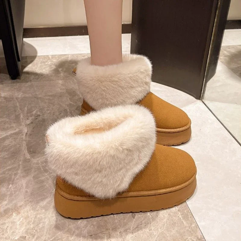 Women's Autumn Winter Casual Thick Sole Fluffy Snow Boots Platform Bread Shoes Warm Thick Lined Student Cotton Shoes