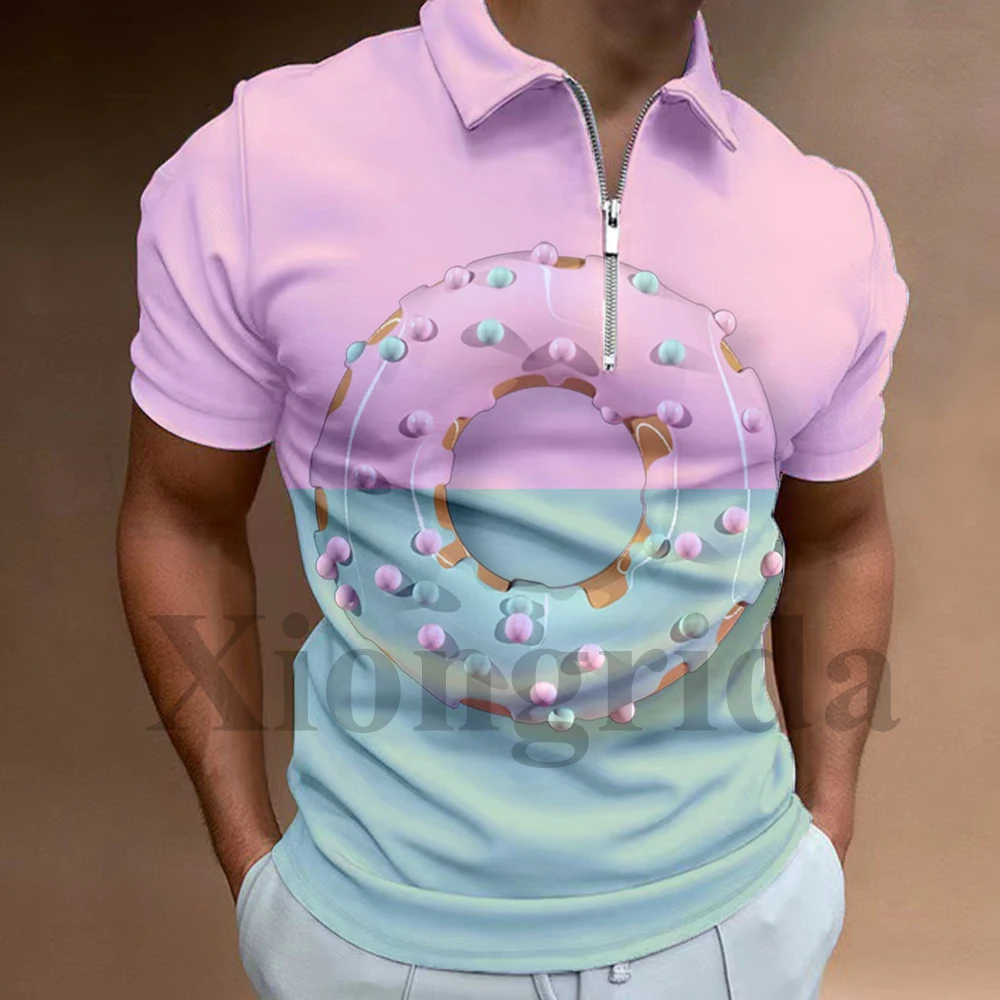 Novelty Cute Chocolate Donuts Polo Shirt Zip Lapel 3D Printed Polo Shirt Short Sleeve Polo Neck T-shirts Summer S-5XL