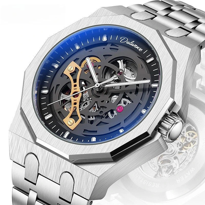 Stainless Steel Edge Trend Series Full Skeleton Luminous Waterproof Self-Wind Automatic Mechanical Watch for Men
