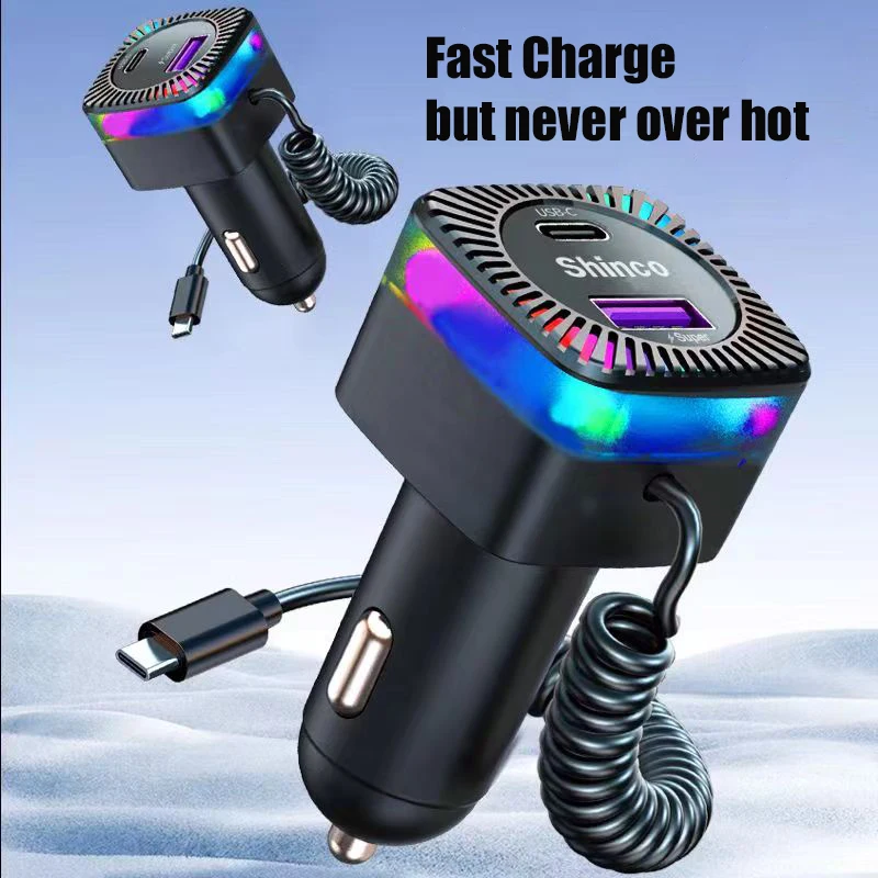 280W USB C Car Charger Adapter with Spring Cable Colorful Light PD 30W  3 in 1 Super Fast Charging for Macbook Samsung iPhone