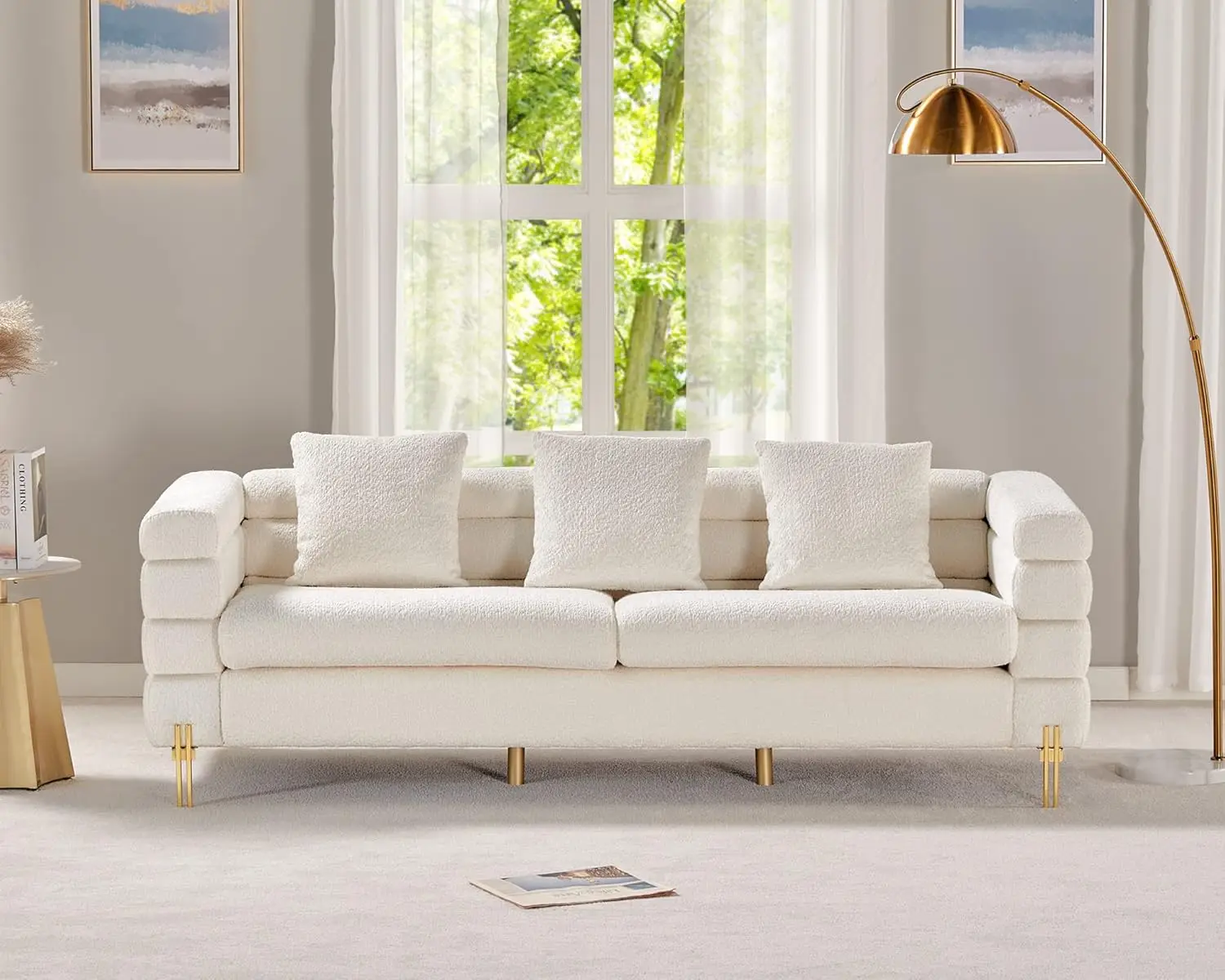 Sofa, Oversized Sofa- 85 Inch, 3 Seater Sofa Comfy Sofa for Living Room- White Deep Seat Sofa, Bouclé Couch