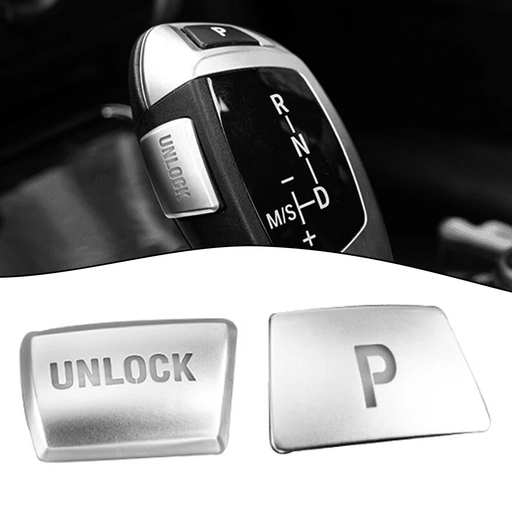 2pcs For BMW X6 E70 E71 X3 1 2 3 4 5 7 Silver Aluminum Gear Shift Knob P&UNLOCK Button Cover Car Button Sticker Trim Accessories